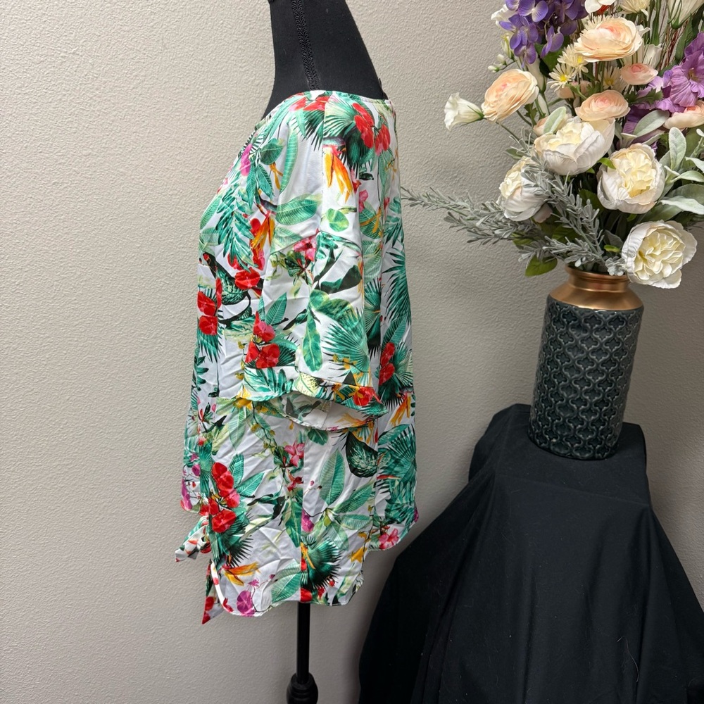 Worthington XXL Tropical Floral Blouse Top Multicolor Short Sleeve Summer Resort - Picture 2 of 7